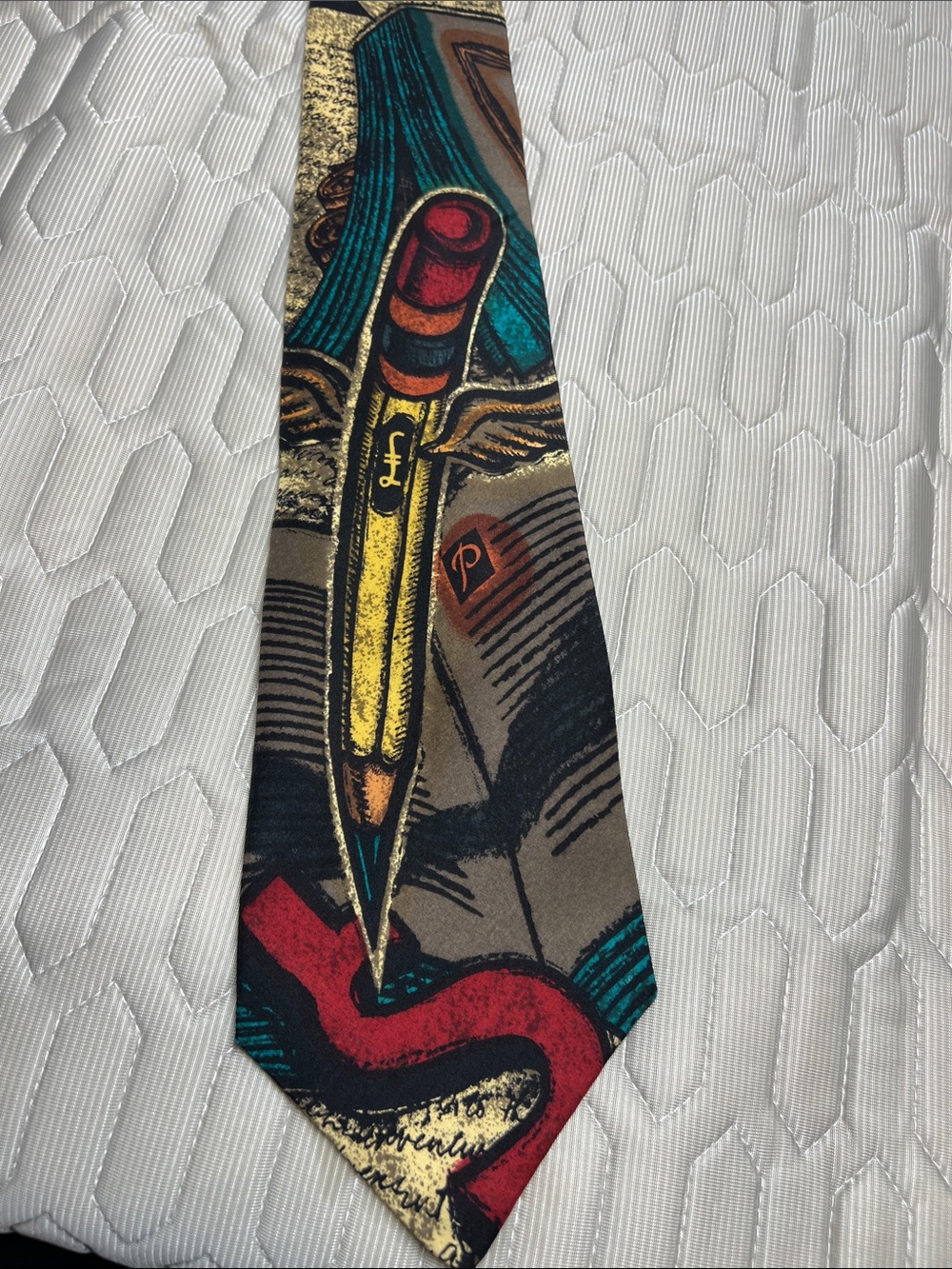 The Beatles Vintage Pencil Motif Tie in Yellow, Red, Teal, Black